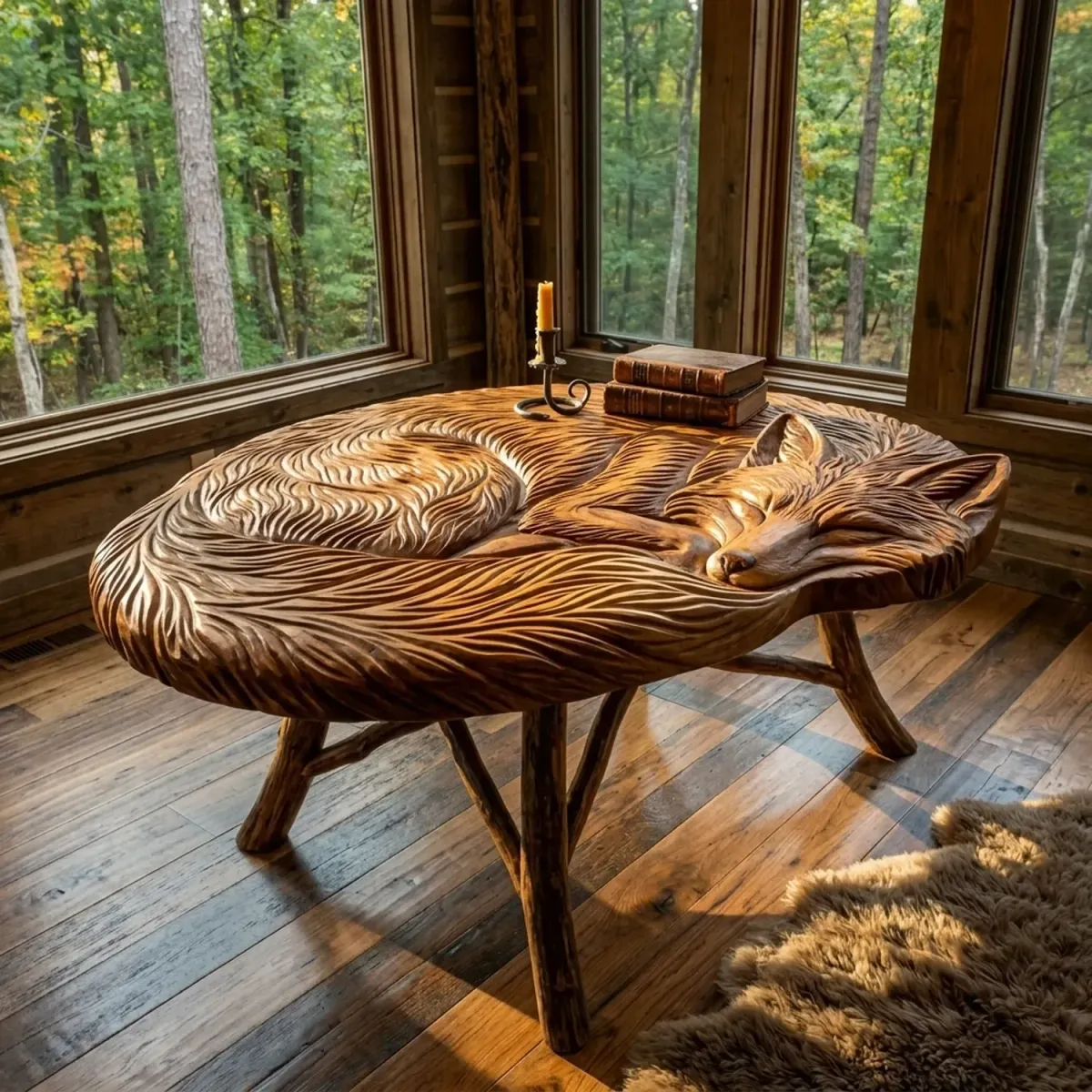 Wooden Sleeping Fox End Table Animal Silhouette Nature Inspired Decor