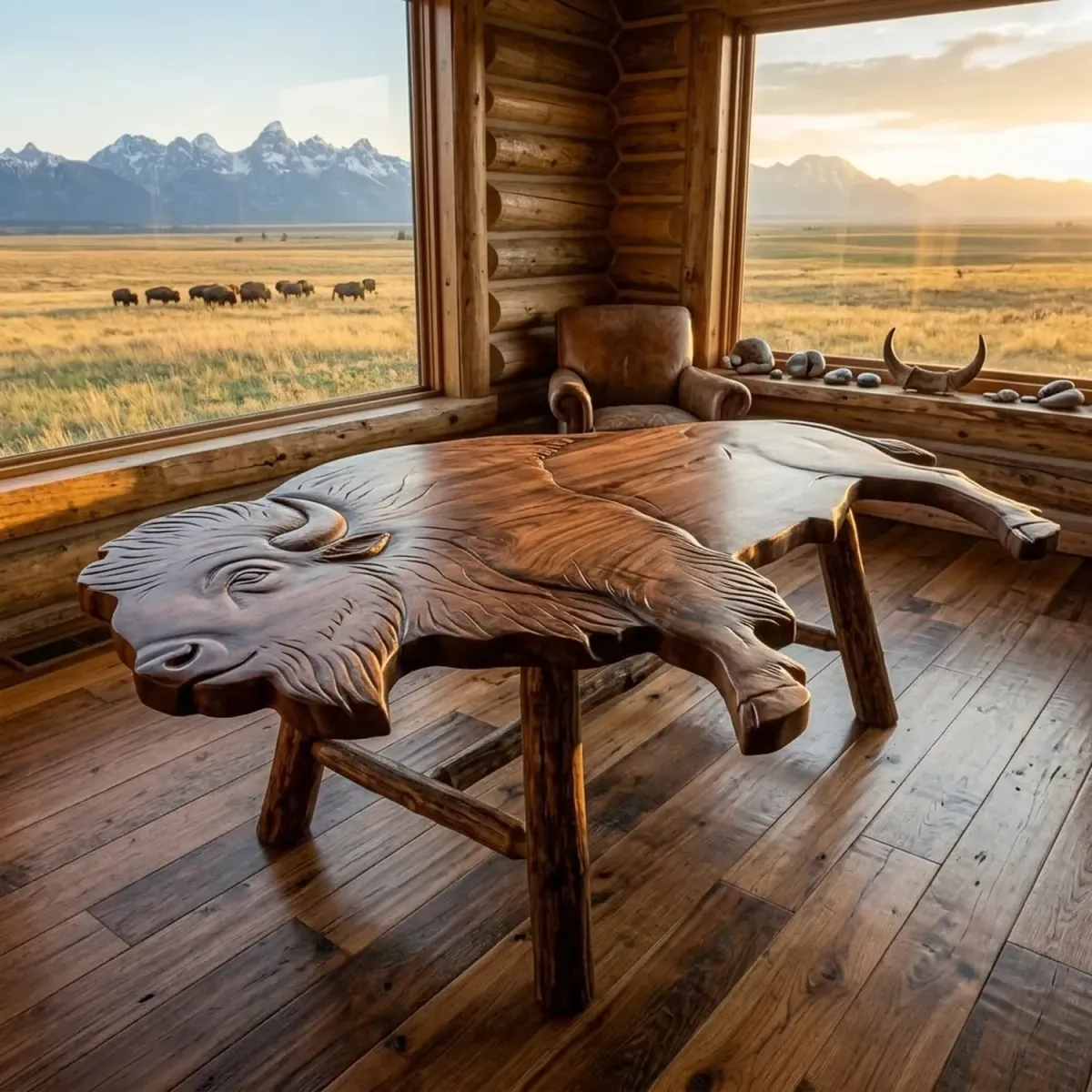 Wooden Bison Shaped Coffee Table Rustic Wildlife Silhouette Furniture
